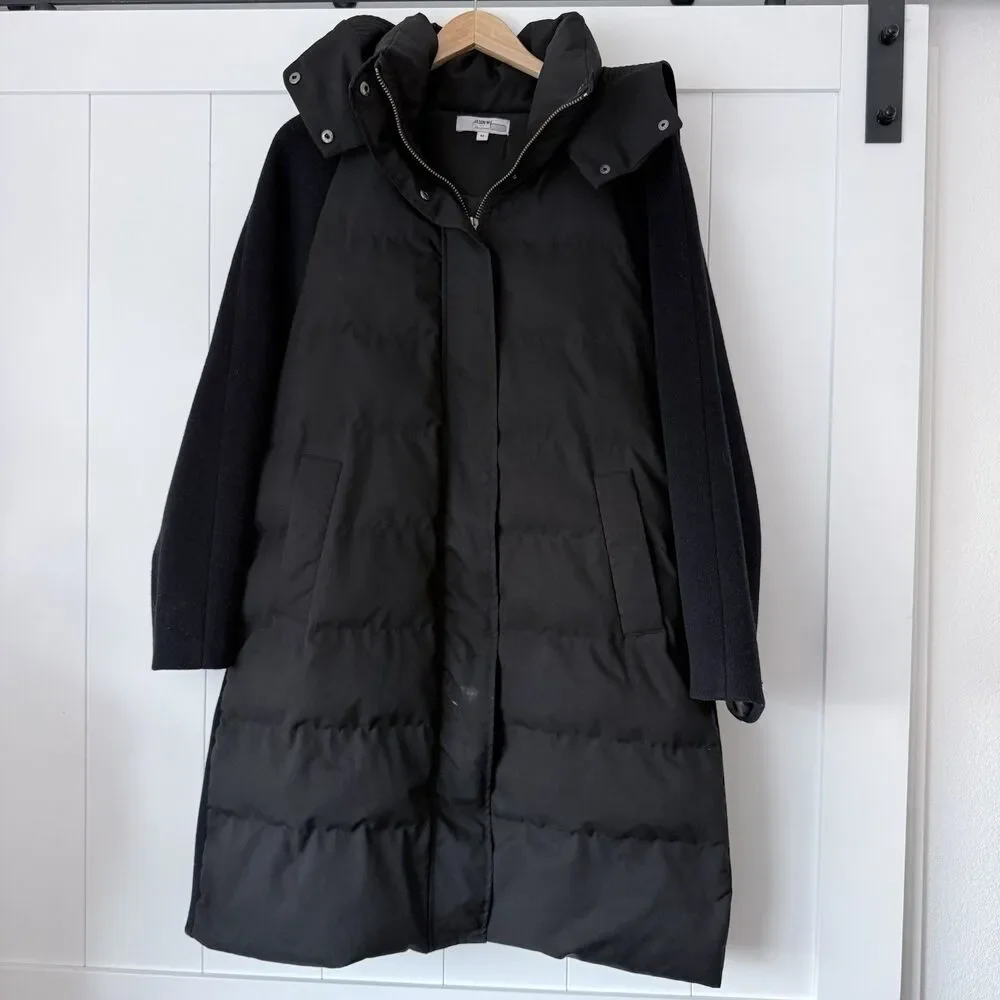 Quiet Luxury Minimalist Wool Blend Mixed Media Puffer Coat M Black Navy Jason Wu